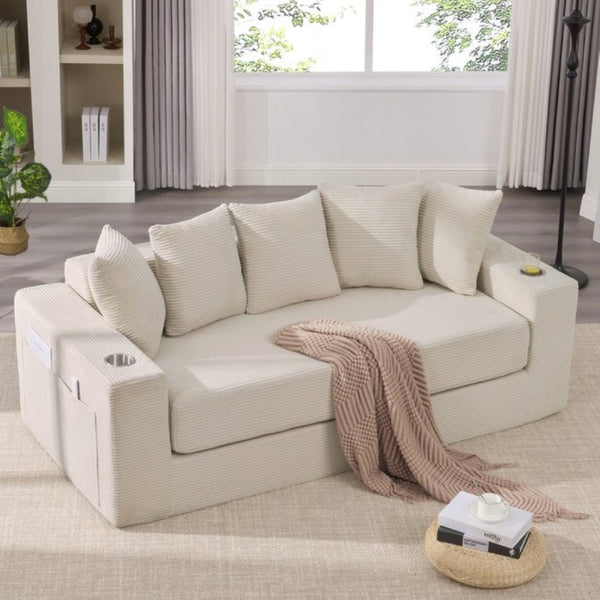 English Elm New Corduroy Convertible Floor Sofa with Cup Holders Side Pockets and Five Throw Pillows W2206P357003