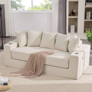 English Elm New Corduroy Convertible Floor Sofa with Cup Holders Side Pockets and Five Throw Pillows W2206P357003