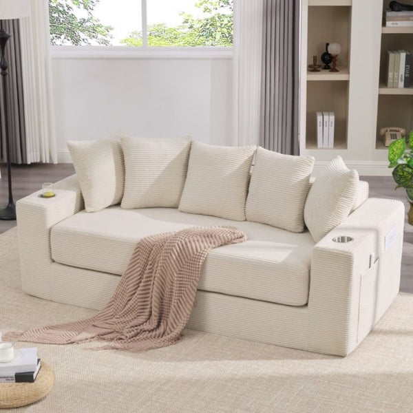 English Elm New Corduroy Convertible Floor Sofa with Cup Holders Side Pockets and Five Throw Pillows W2206P357003