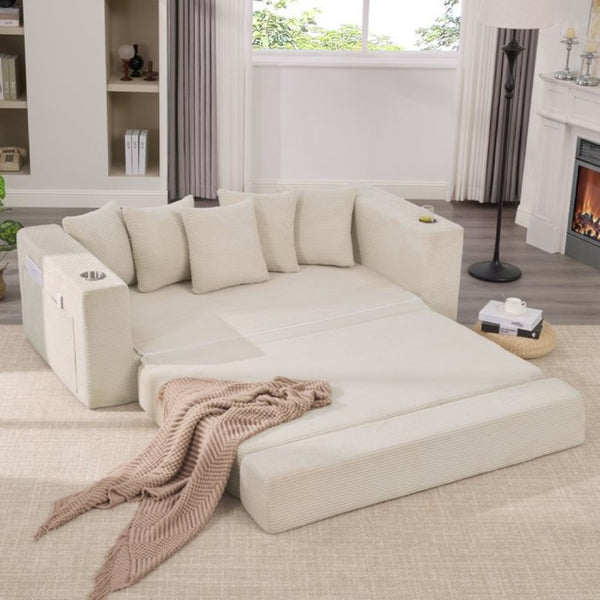 English Elm New Corduroy Convertible Floor Sofa with Cup Holders Side Pockets and Five Throw Pillows W2206P357003