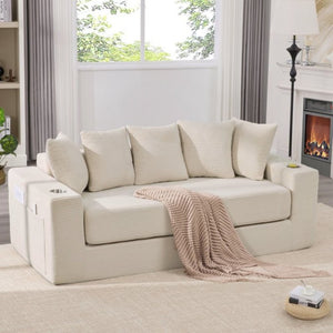 English Elm New Corduroy Convertible Floor Sofa with Cup Holders Side Pockets and Five Throw Pillows W2206P357003