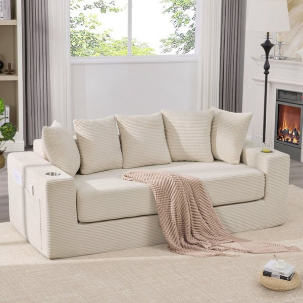 English Elm New Corduroy Convertible Floor Sofa with Cup Holders Side Pockets and Five Throw Pillows W2206P357003