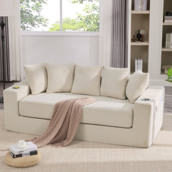 English Elm New Corduroy Convertible Floor Sofa with Cup Holders Side Pockets and Five Throw Pillows W2206P357003