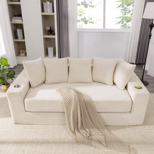 English Elm New Corduroy Convertible Floor Sofa with Cup Holders Side Pockets and Five Throw Pillows W2206P357003