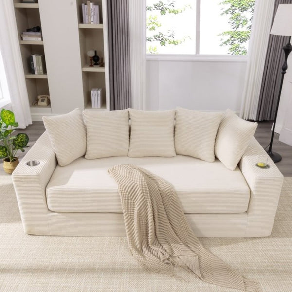 English Elm New Corduroy Convertible Floor Sofa with Cup Holders Side Pockets and Five Throw Pillows W2206P357003