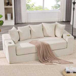 English Elm New Corduroy Convertible Floor Sofa with Cup Holders Side Pockets and Five Throw Pillows W2206P357003
