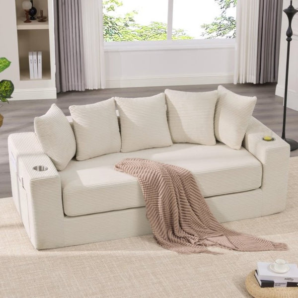 English Elm New Corduroy Convertible Floor Sofa with Cup Holders Side Pockets and Five Throw Pillows W2206P357003