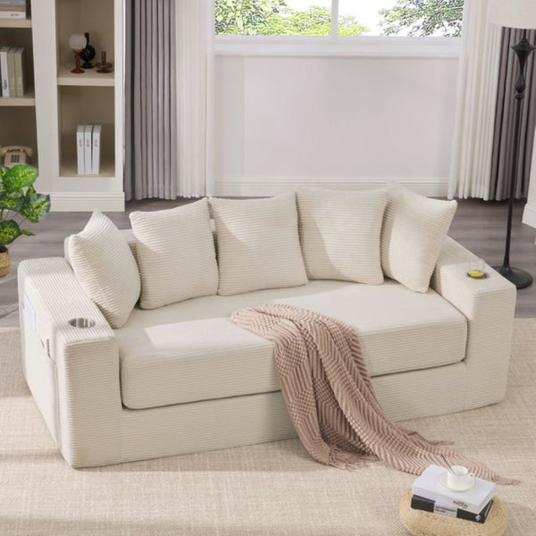 English Elm New Corduroy Convertible Floor Sofa with Cup Holders Side Pockets and Five Throw Pillows W2206P357003