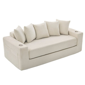 English Elm New Corduroy Convertible Floor Sofa with Cup Holders Side Pockets and Five Throw Pillows W2206P357003