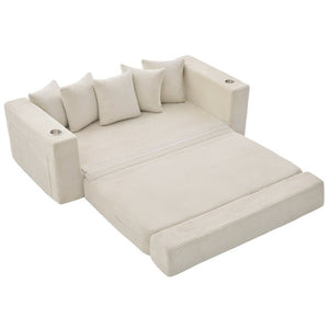 English Elm New Corduroy Convertible Floor Sofa with Cup Holders Side Pockets and Five Throw Pillows W2206P357003