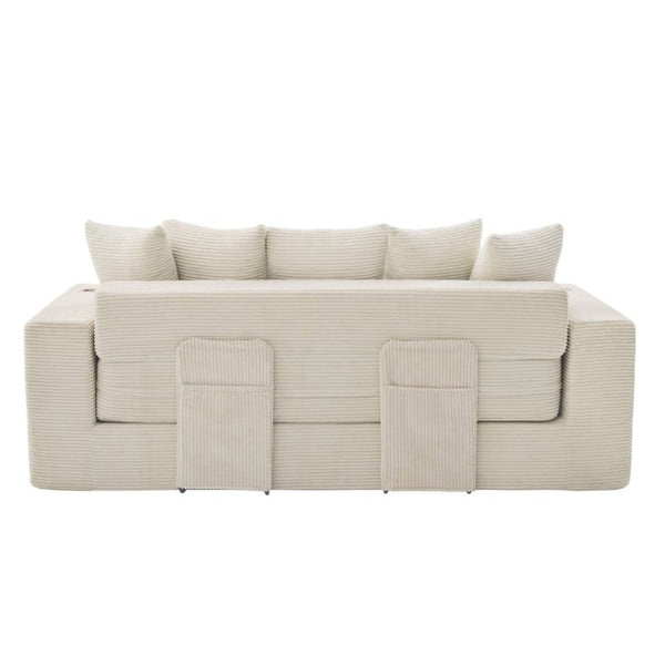 English Elm New Corduroy Convertible Floor Sofa with Cup Holders Side Pockets and Five Throw Pillows W2206P357003