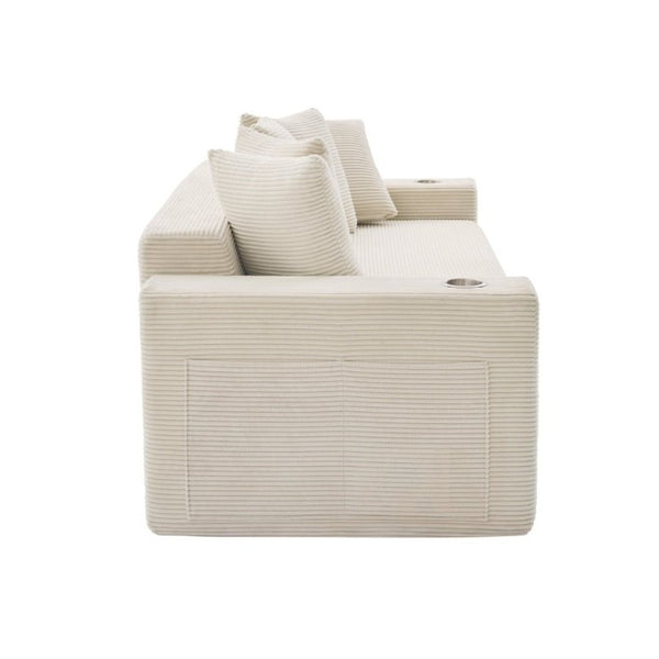 English Elm New Corduroy Convertible Floor Sofa with Cup Holders Side Pockets and Five Throw Pillows W2206P357003