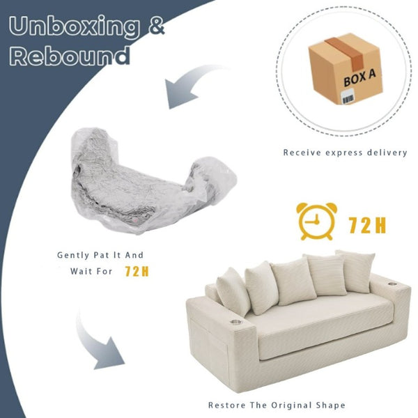 English Elm New Corduroy Convertible Floor Sofa with Cup Holders Side Pockets and Five Throw Pillows W2206P357003