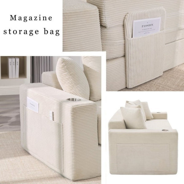 English Elm New Corduroy Convertible Floor Sofa with Cup Holders Side Pockets and Five Throw Pillows W2206P357003