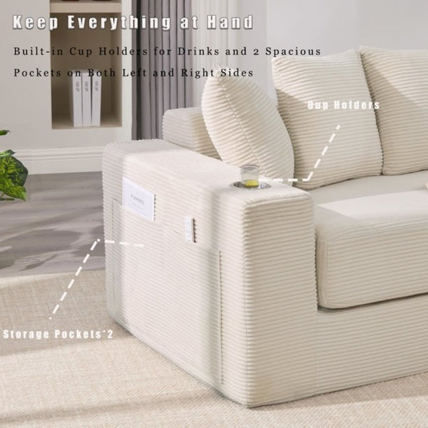 English Elm New Corduroy Convertible Floor Sofa with Cup Holders Side Pockets and Five Throw Pillows W2206P357003