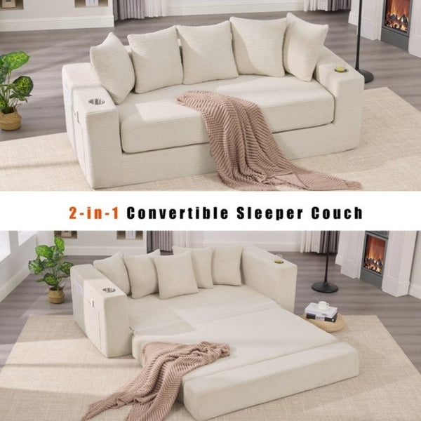 English Elm New Corduroy Convertible Floor Sofa with Cup Holders Side Pockets and Five Throw Pillows W2206P357003