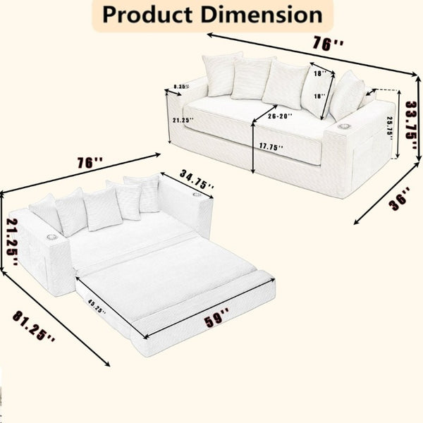 English Elm New Corduroy Convertible Floor Sofa with Cup Holders Side Pockets and Five Throw Pillows W2206P357003