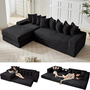 English Elm New Oversized Corduroy Sectional Sofa Converts to Floor Sleeper Bed with Eight Pillows W2206S00021