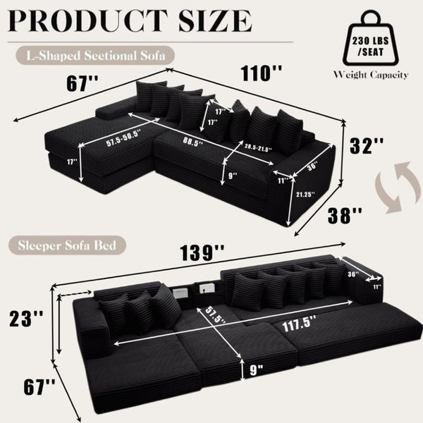 English Elm New Oversized Corduroy Sectional Sofa Converts to Floor Sleeper Bed with Eight Pillows W2206S00021