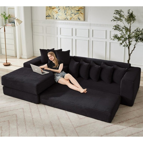 English Elm New Oversized Corduroy Sectional Sofa Converts to Floor Sleeper Bed with Eight Pillows W2206S00021
