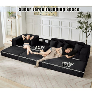 English Elm New Oversized Corduroy Sectional Sofa Converts to Floor Sleeper Bed with Eight Pillows W2206S00021