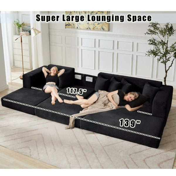 English Elm New Oversized Corduroy Sectional Sofa Converts to Floor Sleeper Bed with Eight Pillows W2206S00021