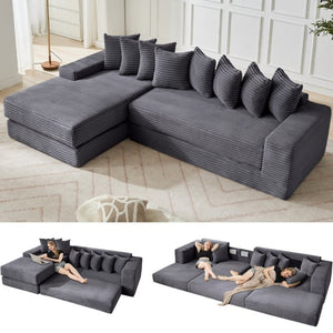 English Elm [new Arrived] Oversized Corduroy L-shape Sectional Converts to Floor Sleeper with Eight Pillows Dark Gray Left Facing W2206S00022
