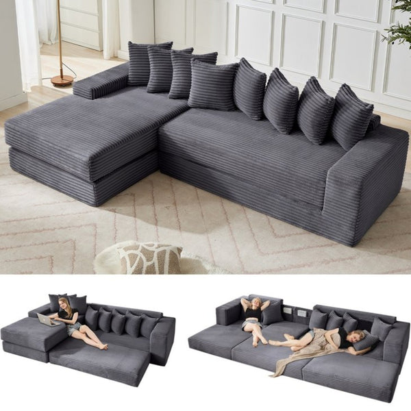 English Elm [new Arrived] Oversized Corduroy L-shape Sectional Converts to Floor Sleeper with Eight Pillows Dark Gray Left Facing W2206S00022