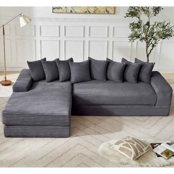 English Elm [new Arrived] Oversized Corduroy L-shape Sectional Converts to Floor Sleeper with Eight Pillows Dark Gray Left Facing W2206S00022