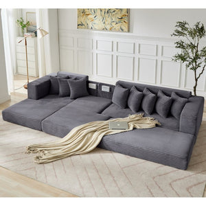 English Elm [new Arrived] Oversized Corduroy L-shape Sectional Converts to Floor Sleeper with Eight Pillows Dark Gray Left Facing W2206S00022