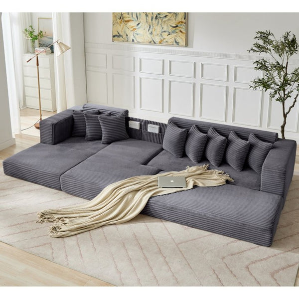 English Elm [new Arrived] Oversized Corduroy L-shape Sectional Converts to Floor Sleeper with Eight Pillows Dark Gray Left Facing W2206S00022