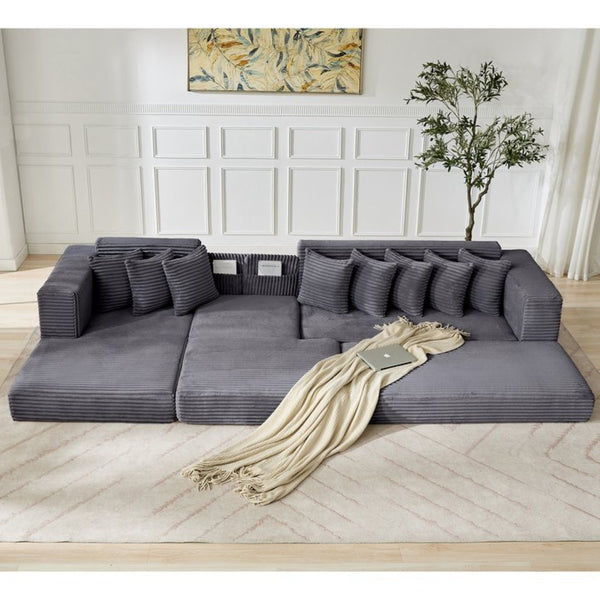 English Elm [new Arrived] Oversized Corduroy L-shape Sectional Converts to Floor Sleeper with Eight Pillows Dark Gray Left Facing W2206S00022