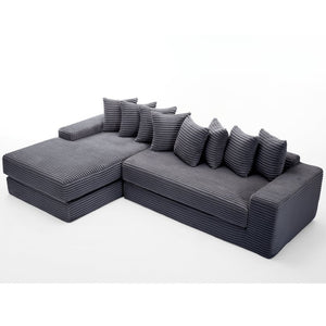 English Elm [new Arrived] Oversized Corduroy L-shape Sectional Converts to Floor Sleeper with Eight Pillows Dark Gray Left Facing W2206S00022