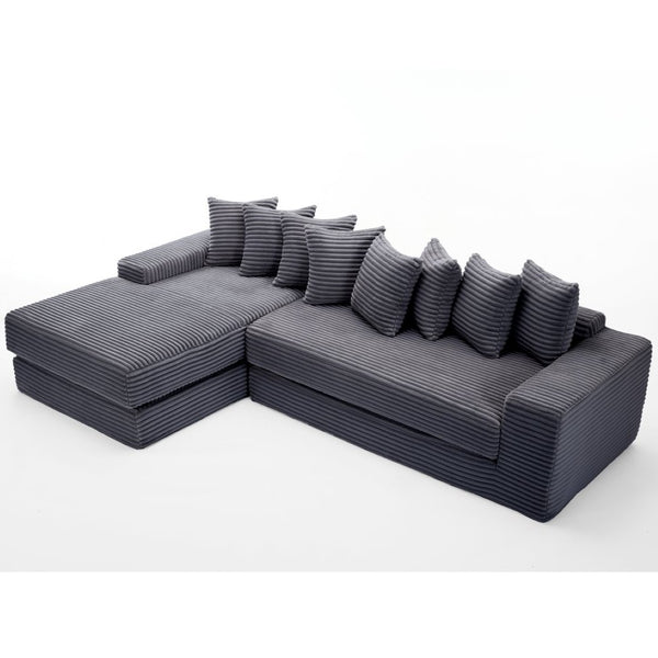 English Elm [new Arrived] Oversized Corduroy L-shape Sectional Converts to Floor Sleeper with Eight Pillows Dark Gray Left Facing W2206S00022