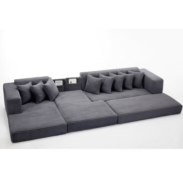 English Elm [new Arrived] Oversized Corduroy L-shape Sectional Converts to Floor Sleeper with Eight Pillows Dark Gray Left Facing W2206S00022