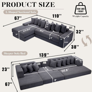 English Elm [new Arrived] Oversized Corduroy L-shape Sectional Converts to Floor Sleeper with Eight Pillows Dark Gray Left Facing W2206S00022