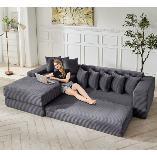 English Elm [new Arrived] Oversized Corduroy L-shape Sectional Converts to Floor Sleeper with Eight Pillows Dark Gray Left Facing W2206S00022