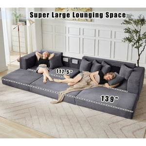English Elm [new Arrived] Oversized Corduroy L-shape Sectional Converts to Floor Sleeper with Eight Pillows Dark Gray Left Facing W2206S00022