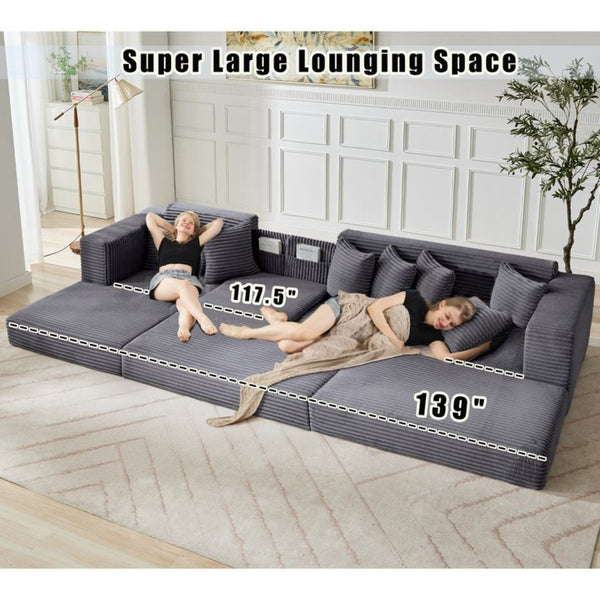 English Elm [new Arrived] Oversized Corduroy L-shape Sectional Converts to Floor Sleeper with Eight Pillows Dark Gray Left Facing W2206S00022