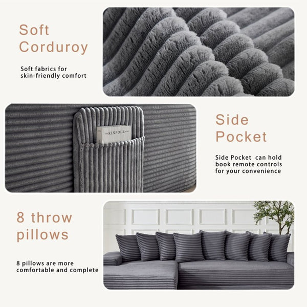 English Elm [new Arrived] Oversized Corduroy L-shape Sectional Converts to Floor Sleeper with Eight Pillows Dark Gray Left Facing W2206S00022
