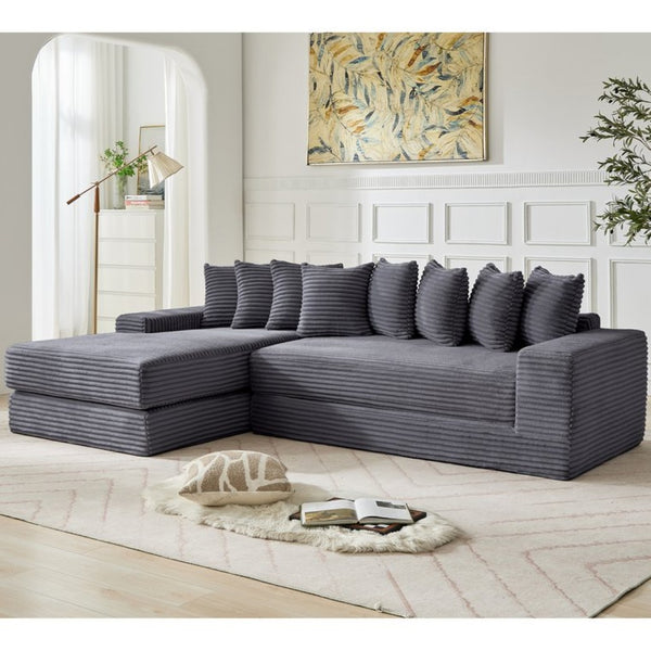 English Elm [new Arrived] Oversized Corduroy L-shape Sectional Converts to Floor Sleeper with Eight Pillows Dark Gray Left Facing W2206S00022