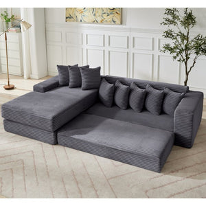English Elm [new Arrived] Oversized Corduroy L-shape Sectional Converts to Floor Sleeper with Eight Pillows Dark Gray Left Facing W2206S00022