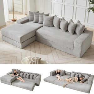 English Elm [new Arrived] Oversized Corduroy L-shape Sectional Converts to Floor Sleeper with Eight Pillows Light Gray Left Facing W2206S00023