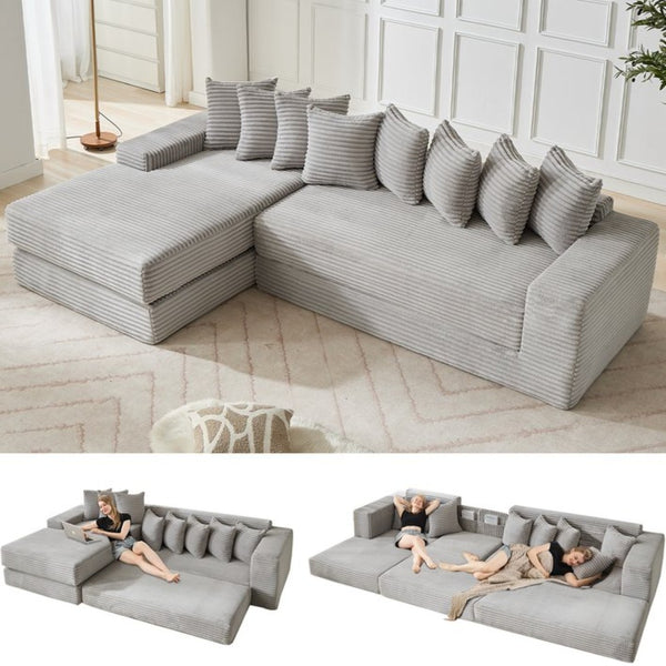 English Elm [new Arrived] Oversized Corduroy L-shape Sectional Converts to Floor Sleeper with Eight Pillows Light Gray Left Facing W2206S00023