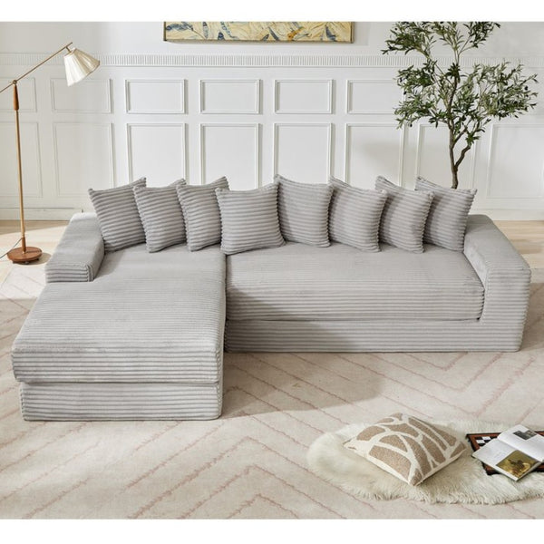 English Elm [new Arrived] Oversized Corduroy L-shape Sectional Converts to Floor Sleeper with Eight Pillows Light Gray Left Facing W2206S00023