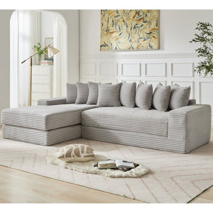 English Elm [new Arrived] Oversized Corduroy L-shape Sectional Converts to Floor Sleeper with Eight Pillows Light Gray Left Facing W2206S00023