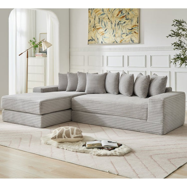 English Elm [new Arrived] Oversized Corduroy L-shape Sectional Converts to Floor Sleeper with Eight Pillows Light Gray Left Facing W2206S00023