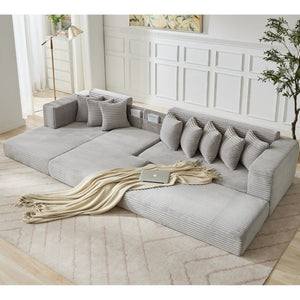 English Elm [new Arrived] Oversized Corduroy L-shape Sectional Converts to Floor Sleeper with Eight Pillows Light Gray Left Facing W2206S00023