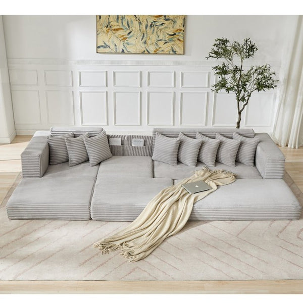 English Elm [new Arrived] Oversized Corduroy L-shape Sectional Converts to Floor Sleeper with Eight Pillows Light Gray Left Facing W2206S00023