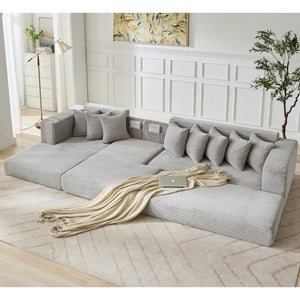 English Elm [new Arrived] Oversized Corduroy L-shape Sectional Converts to Floor Sleeper with Eight Pillows Light Gray Left Facing W2206S00023